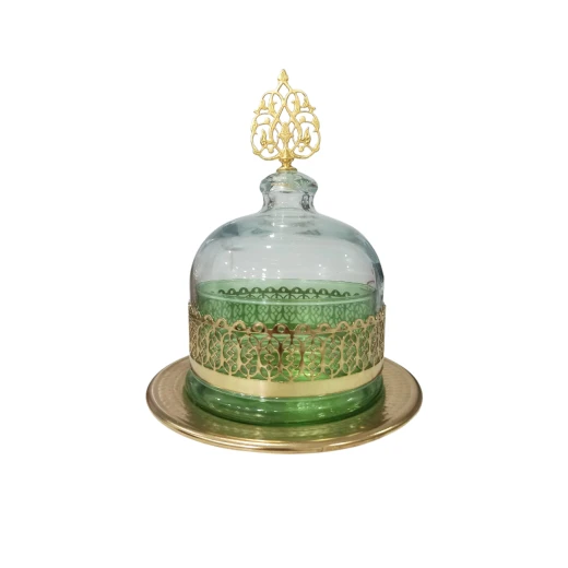 Mid 19th Century Gold Plated Candy Bowl with Lid Green Glass Vase