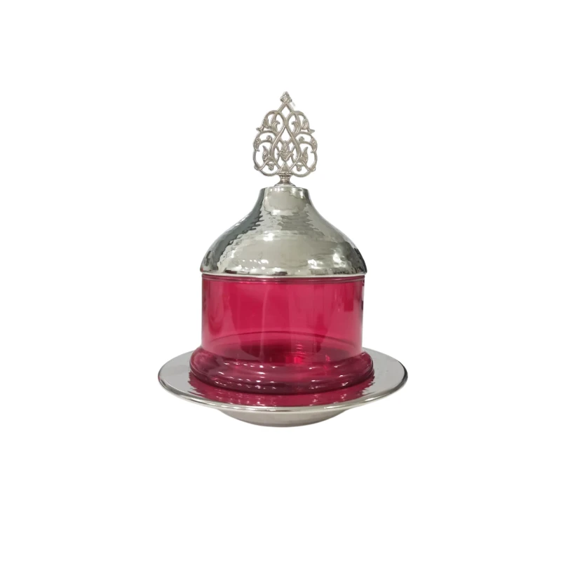 Mid 19th Century Sliver Plated Candy Bowl with Lid Red Glass Vase