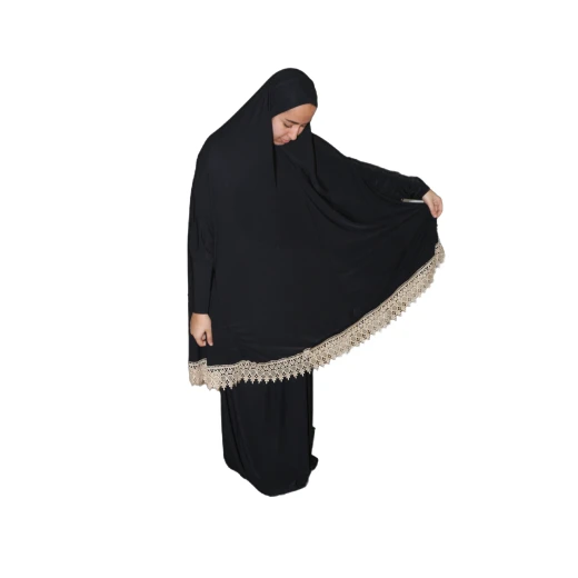 طقم صلاة نسائي بالكامل ، قطعتين ،باللون الأسود مع دانتيل ذهبي