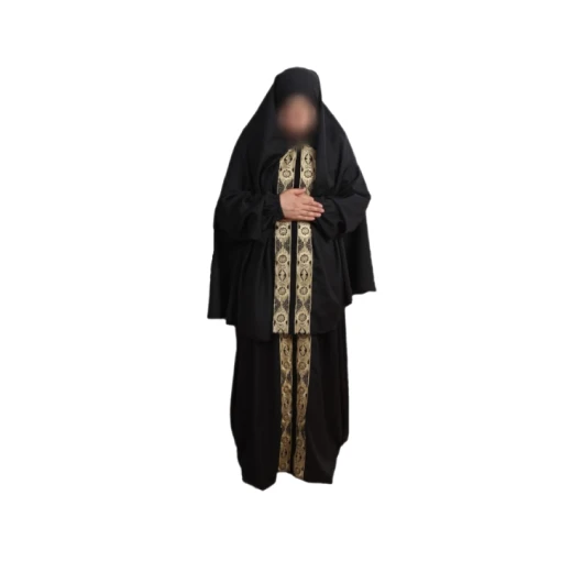 طقم صلاة ليجرا نسائي بالكامل، قطعتين، باللون الأسود مع نقوس في الوسط طقم صلاة ليجرا نسائي بالكامل، قطعتين، باللون الأسود مع نقوس في الوسط