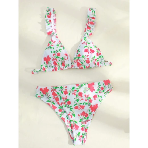 Floral Ruffle Trim Bikini Swimsuit , Small Size - Image 3