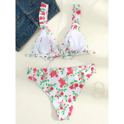 Floral Ruffle Trim Bikini Swimsuit , Small Size - Image 4