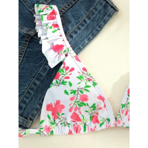 Floral Ruffle Trim Bikini Swimsuit , Small Size - Image 2
