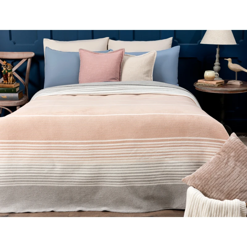 Madame Coco Bernelle Striped Cotton Double Blanket - Baby Pink / Gray - مدام كوكو