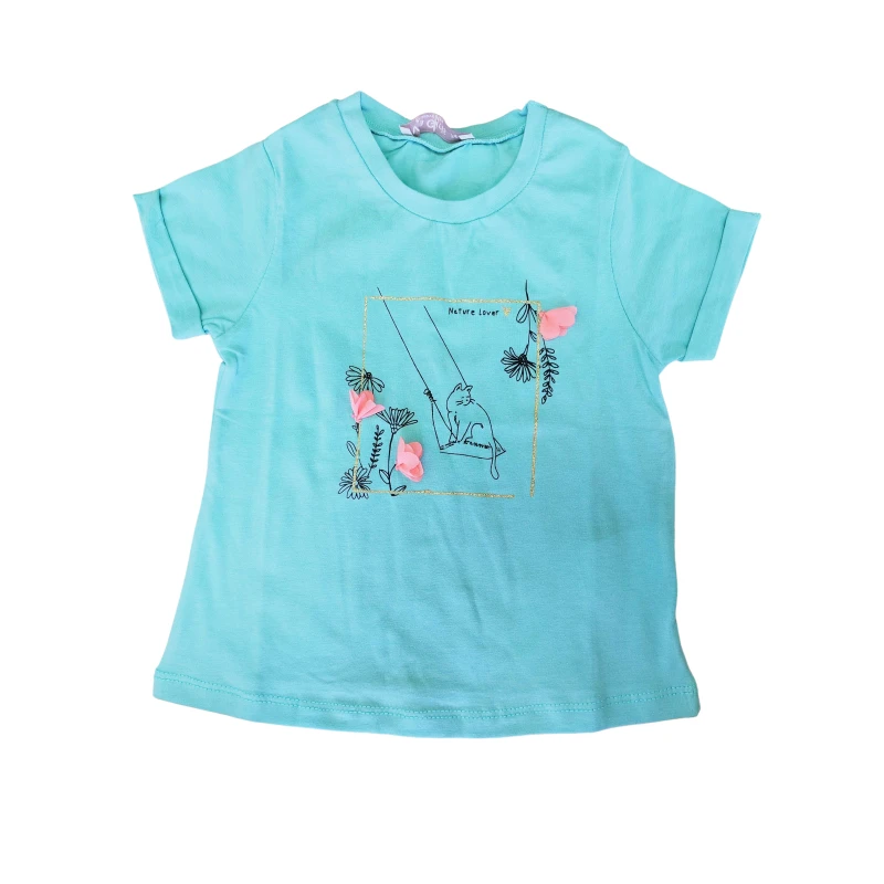 Light Green Short Sleeves Girls T-shirt with Nature Lover Design, +18 Months