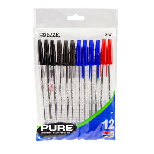 Bazic Pure Stick Pen, Assorted Color, 12 Pens Bazic Pure Stick Pen, Assorted Color, 12 Pens