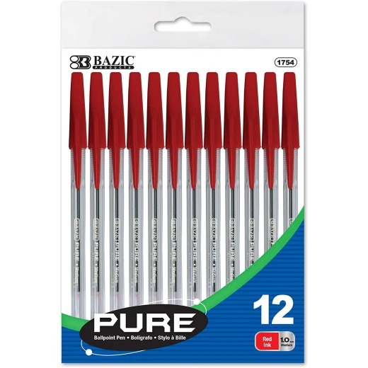 Bazic Pure Red Stick Pen (12 Pen) Bazic Pure Red Stick Pen (12 Pen)