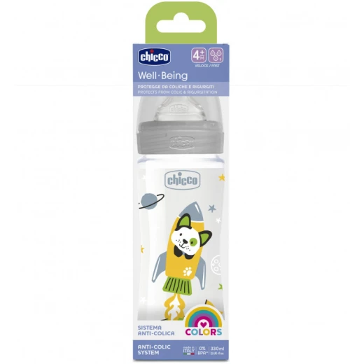 Chicco Well Being Plastic Baby Bottle With Fast Flow Silicone Nipple - Grey - Chicco - Image 2