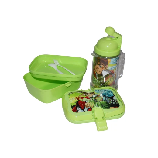 Set Of Lunch Box & Water Bottle, Green Color, Ben 10 Design - Image 2
