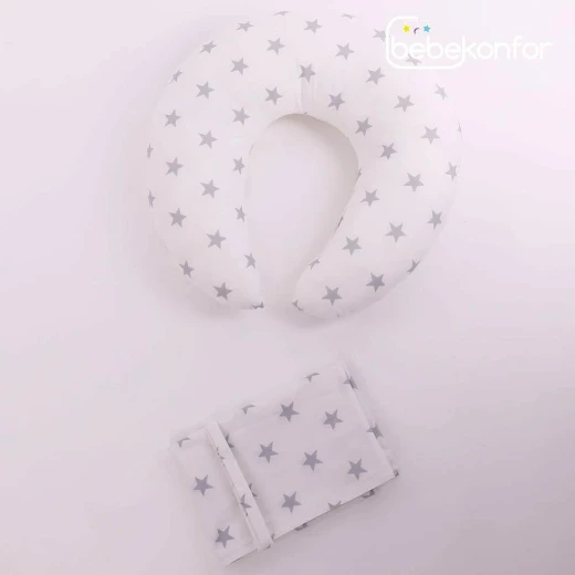 كوت بيبي مع غطاء ومخدة لون ابيض ونجم رمادي - Image 3