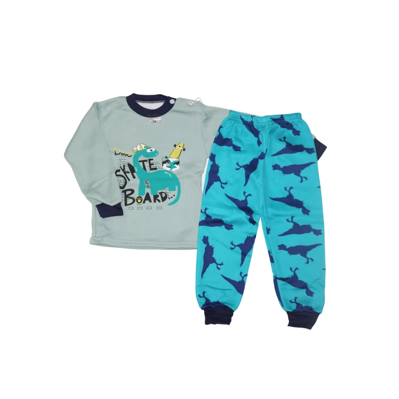 طقم بيجاما كم طويل مكون من بلوزة وبنطلون ،12-18 شهر، تصميم ديناصور، باللون الاخضر الغامق
