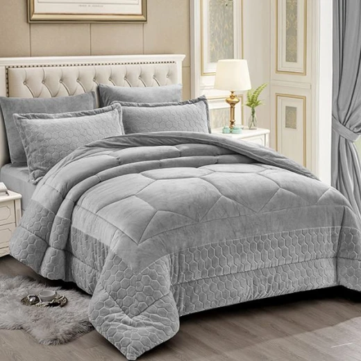Nova Home Bee Cell Embossed Flannel Winter Comforter Set - Single/Twin - Grey 4 Pcs - Nova Home - Image 3