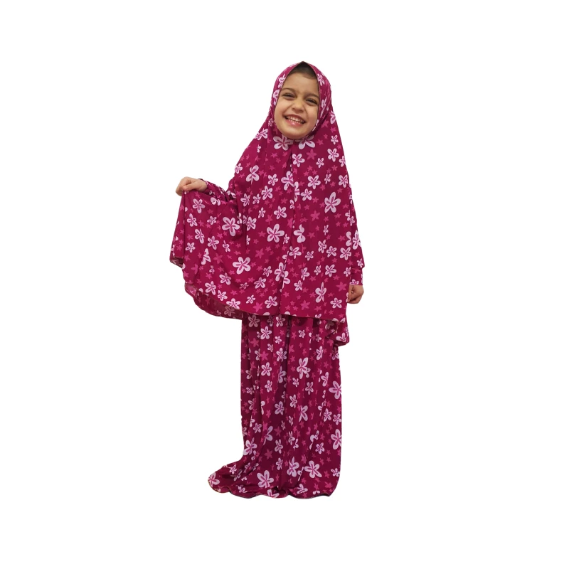 ملابس الصلاة للأطفال, بتصميم الورود, باللون الزهري غامق, قطعتين
