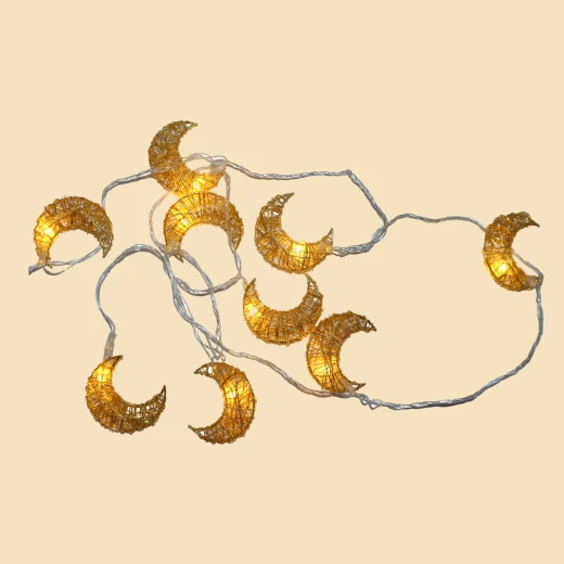 حبل زينة مضيء بشكل هلالات صغيرة, باللون الذهبي حبل زينة مضيء بشكل هلالات صغيرة, باللون الذهبي