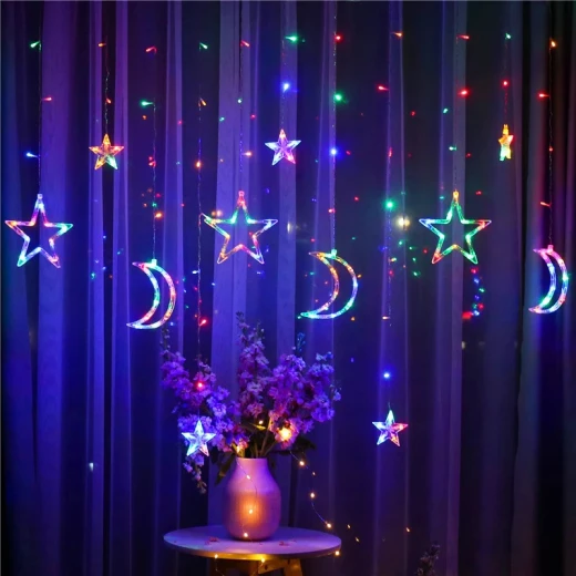 سلك بتصميم النجوم والهلالات المضاءة, بألوان قوس القزح سلك بتصميم النجوم والهلالات المضاءة, بألوان قوس القزح