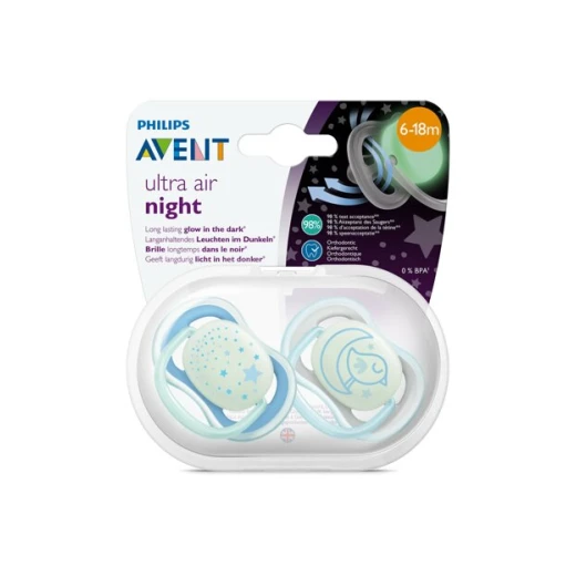 Philips Avent Ultra Air Nighttime Pacifier, 6-18 months, blue, 2 pack Philips Avent Ultra Air Nighttime Pacifier, 6-18 months, blue, 2 pack