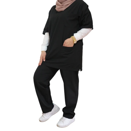زي طبي وملابس تمريض نسائية, بأكمام قصيرة, باللون الأسود - Image 3