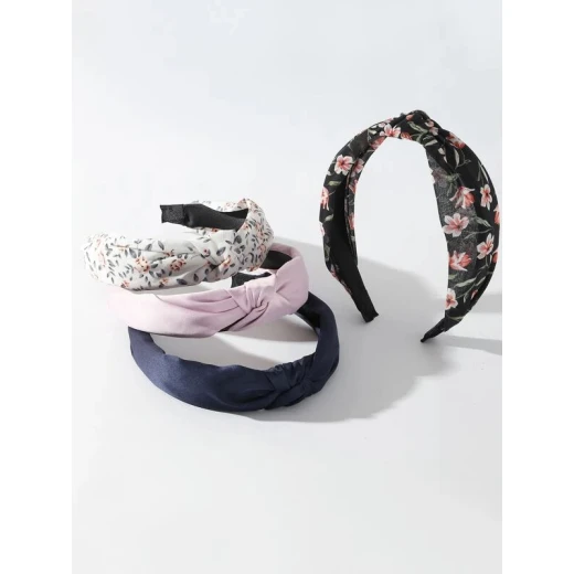 طوق شعر مطوي بعقدة بطباعة زهور, 4 قطع - Image 2