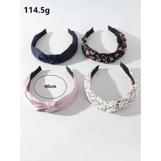 طوق شعر مطوي بعقدة بطباعة زهور, 4 قطع - Image 4