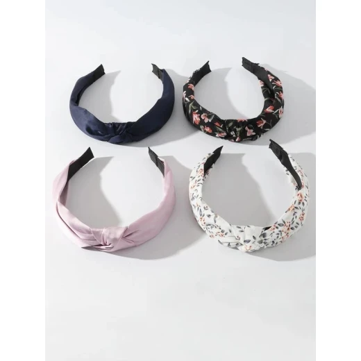 طوق شعر مطوي بعقدة بطباعة زهور, 4 قطع - Image 3