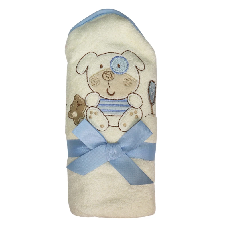 Soft Baby Bath Towel, Puppy Design, Light Blue Color