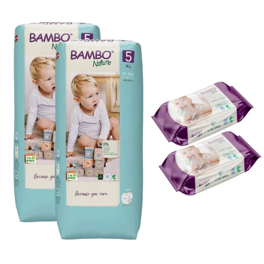 Bambo Nature Diapers Size 5 (12-18 Kg), 44 Diapers, 2 Packs + Wet Wipes, 80 Wipe, 2 Packs Bambo Nature Diapers Size 5 (12-18 Kg), 44 Diapers, 2 Packs + Wet Wipes, 80 Wipe, 2 Packs