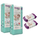 Bambo Nature Diapers Size 4 (7-14 Kg), 48 Diapers, 2 Packs + Wet Wipes, 80 Wipe, 2 Packs - Bambo Nature