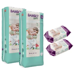 Bambo Nature Diapers Size 4 (7-14 Kg), 48 Diapers, 2 Packs + Wet Wipes, 80 Wipe, 2 Packs