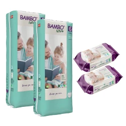 Bambo Nature Diapers Size 6 (16+ Kg), 40 Diapers, 2 Packs + Wet Wipes, 80 Wipe, 2 Packs