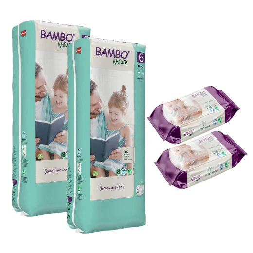 Bambo Nature Diapers Size 6 (16+ Kg), 40 Diapers, 2 Packs + Wet Wipes, 80 Wipe, 2 Packs Bambo Nature Diapers Size 6 (16+ Kg), 40 Diapers, 2 Packs + Wet Wipes, 80 Wipe, 2 Packs