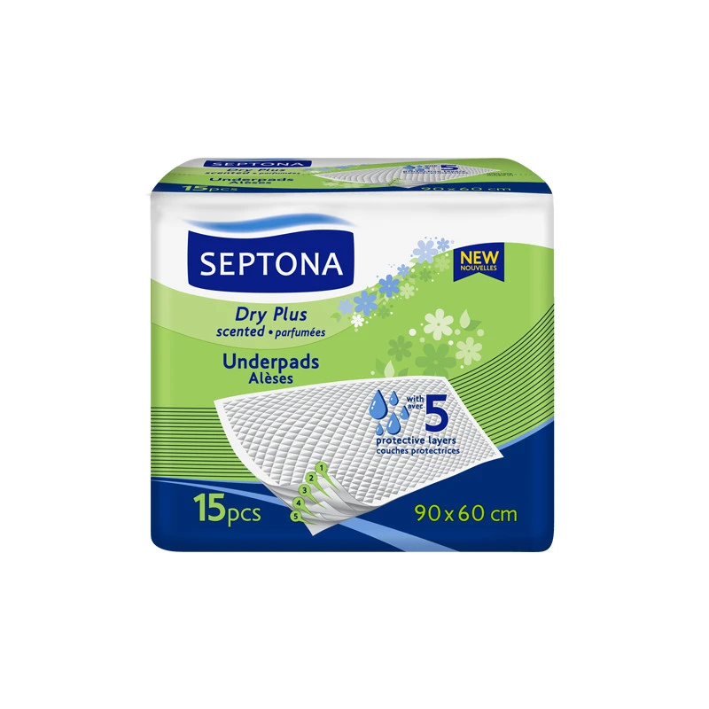 فوط صحية ومعطرة دراي بلس 90x60 سم، 15 قطعة امتصاص فائق، 5 طبقات واقية، تحييد الروائح مع تقنية SAP من سبتونا - سيبتونا