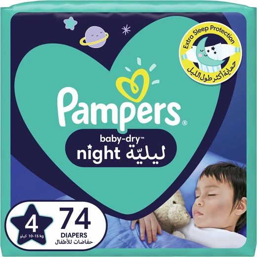 حفاضات بامبرز بيبي دراي ليلاً ، مقاس 4 ، 10-15 كجم ، 74 حفاضة - بامبرز - Image 2