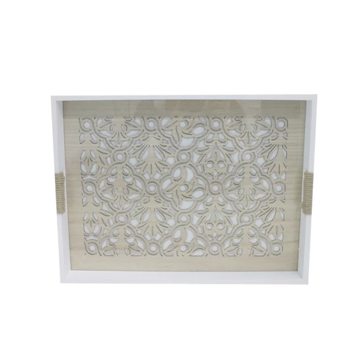 صينية تقديم خشبية بسطح زجاجي، باللون الأبيض والبيج، 30 × 40 × 4.5 سم صينية تقديم خشبية بسطح زجاجي، باللون الأبيض والبيج، 30 × 40 × 4.5 سم