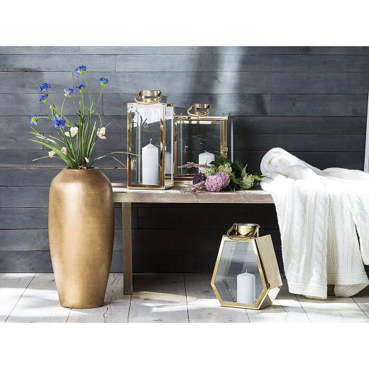فانوس زجاجي ومعدني، باللون الذهبي، 14 × 14 × 39 سم - Image 2