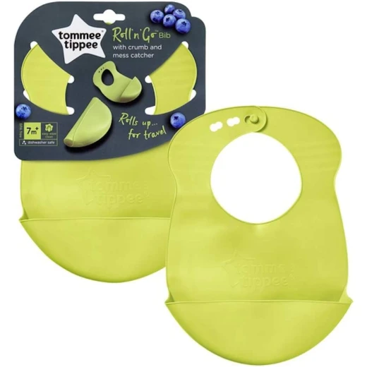 Tommee Tippee Roll & Go Silicone Baby Bib (7m+) Crumb Catcher, Easy Clean, BPA Free Light Green