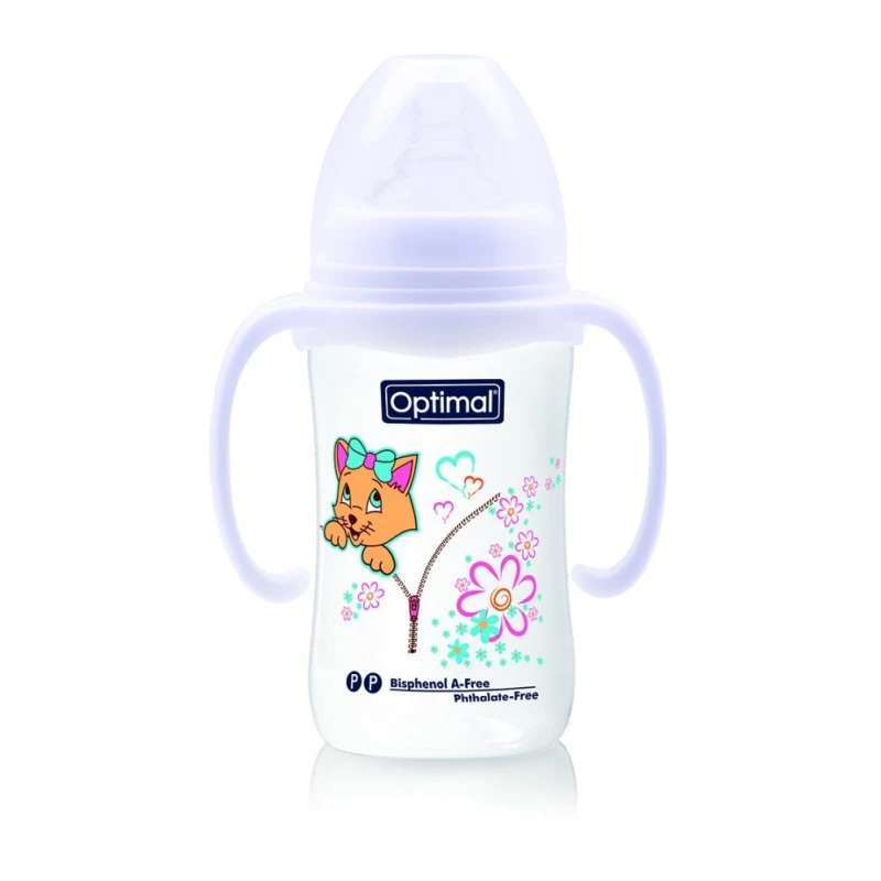 Optimal Wide Neck Baby bottle With Handle, White Color, 240 Ml - Optimal