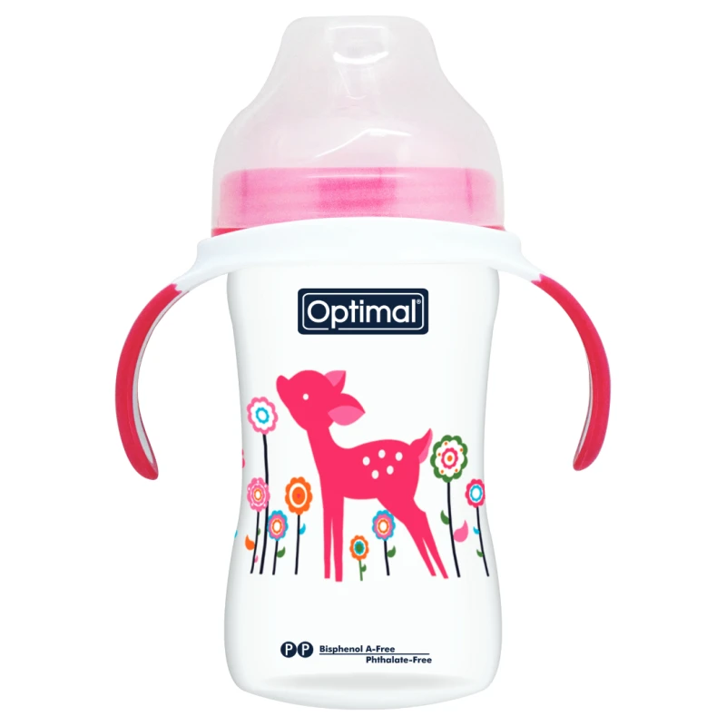 Optimal Extra Wide  Neck Feeding Bottle With Handle 240 Ml, Pink Color - Optimal