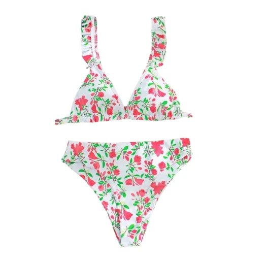 Floral Ruffle Trim Bikini Swimsuit , Small Size Floral Ruffle Trim Bikini Swimsuit , Small Size