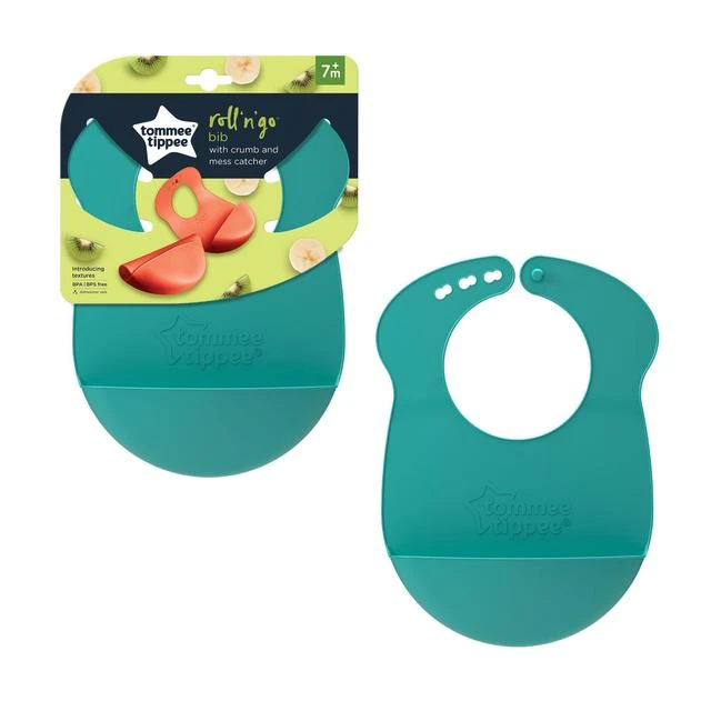 Tommee Tippee Roll & Go Silicone Baby Bib (7m+) Crumb Catcher, Easy Clean, BPA Free Turquoise - Tommee Tippee