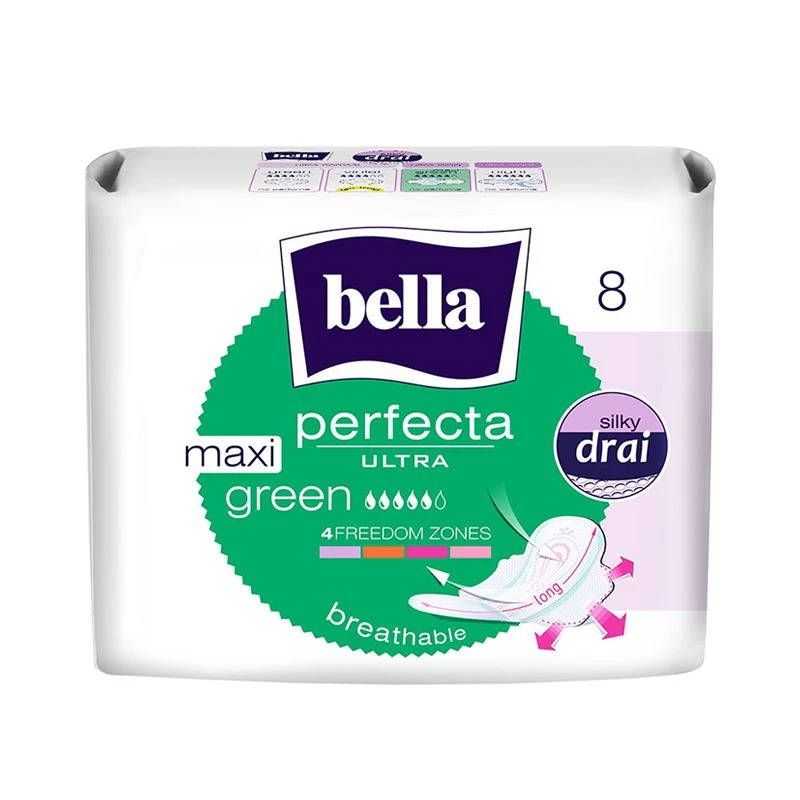 Bella Perfecta Ultra Maxi Green Silky Drai, With Wings, 8 Pieces - Bella