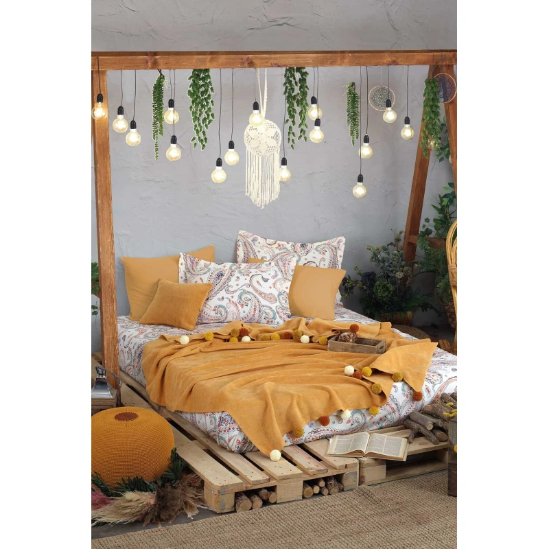 Iyigeceler Istanbul Boho Chic Double Throw Blanket Set - Mustard, 4 Pieces - Iyi Geceler