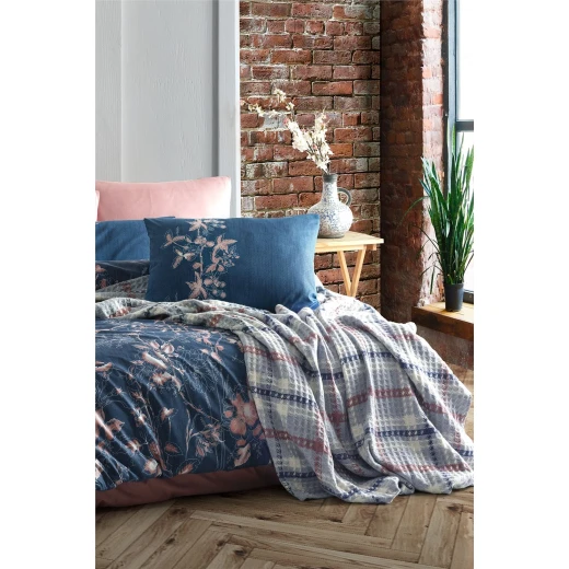 Iyigeceler Istanbul Wilbourn Double Throw Blanket & Duvet Cover Set , Dark Blue, 5 Pieces - Iyi Geceler - Image 2