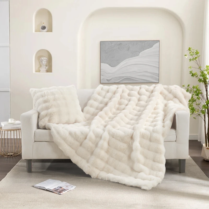 Nova Home Bubble Weighty Fur Throw&Cushion Set - 2pcs - Ivory - Nova Home