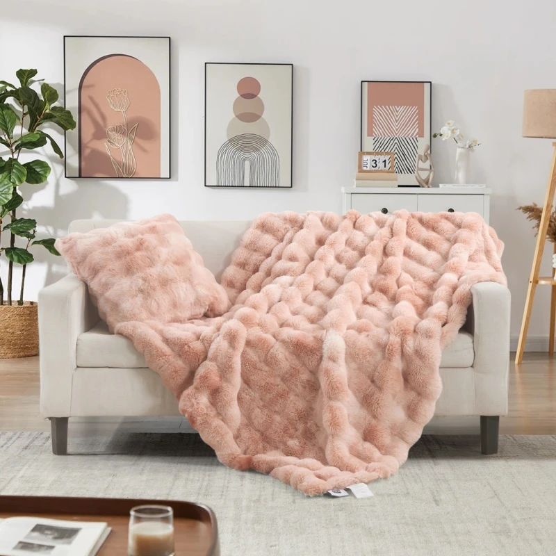 Nova home bubble weighty fur throw&cushion set - pink 2pcs - Nova Home
