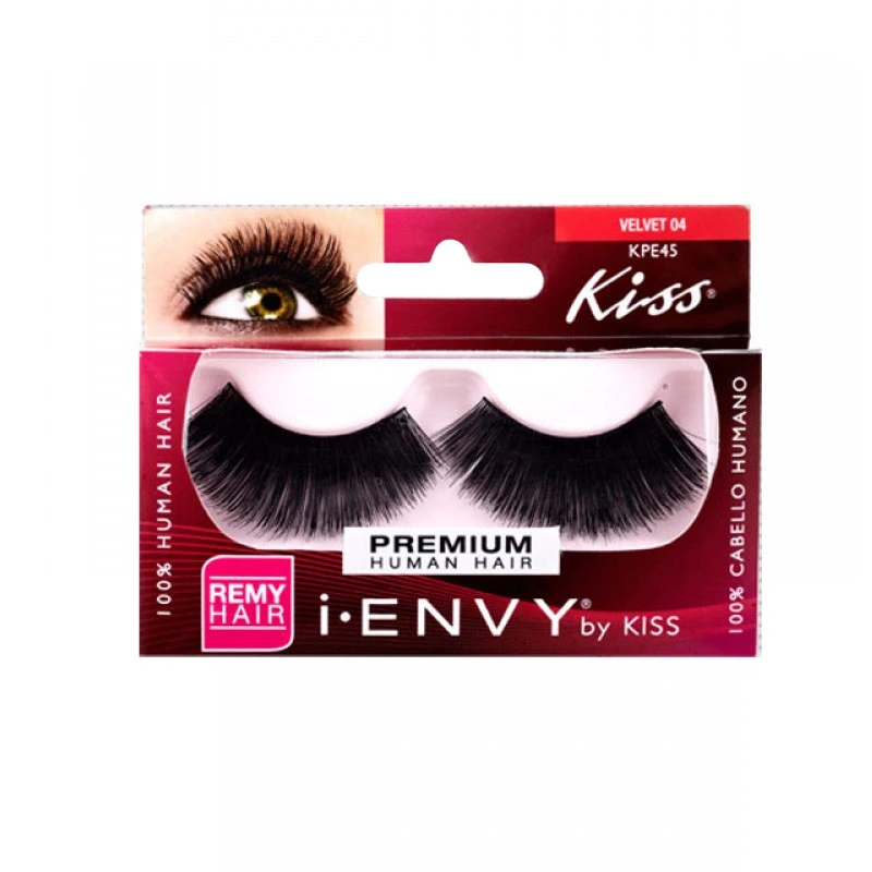 Kiss I Envy Velvet 04 Human Hair Lashes Volume Definition Clear Band False Eyelashes Makeup Kit - Kiss i envy