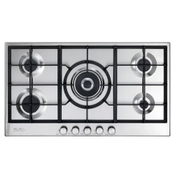 Elba 90cm Stainless Steel Gas Cooktop: Professional-grade cooking with a durable wok stand. Experience efficient and powerful cooking with this premium stainless steel gas hob, designed for optimal heat distribution and easy cleaning. Includes a versatile wok stand for Asian cuisine.