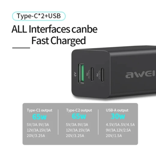awei PD9 65W ثنائي النوع C / USB-C + USB GaN سريع - اوي - Image 2