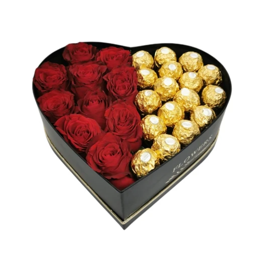 Roses with Chocolate, Heart Shape, Black Color, Large Size Roses with Chocolate, Heart Shape, Black Color, Large Size
