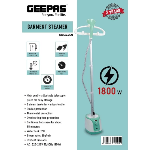 Geepas GGS9695 Garment Steamer 1800W 2l water tank - GEEPAS - Image 2