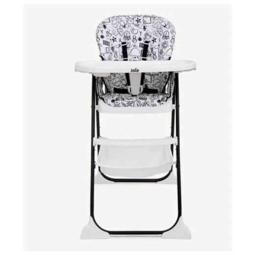 Joie Mimzy Snacker High Chair in Alphabet Soup Design - Compact, Easy-Fold for Storage - White and Black Baby High Chair. A top-rated highchair for infants, providing convenience and safety during mealtimes with its space-saving design and stylish aesthetic.